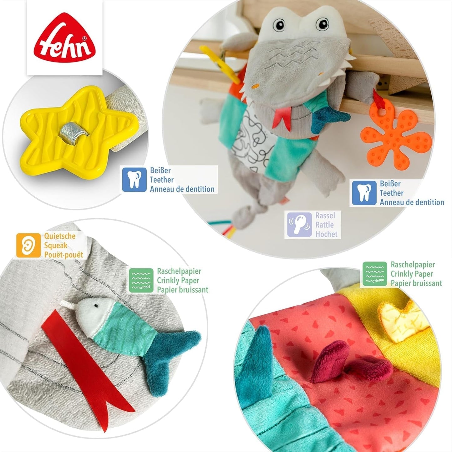 Fehn Baby Hånddukke Krokodille - Plys legetøj med rangle, raslende papir, bider og knirker - Baby hånddukke - Popping legetøj til babyer og småbørn 6+ måneder Babylegetøj Naty Shop