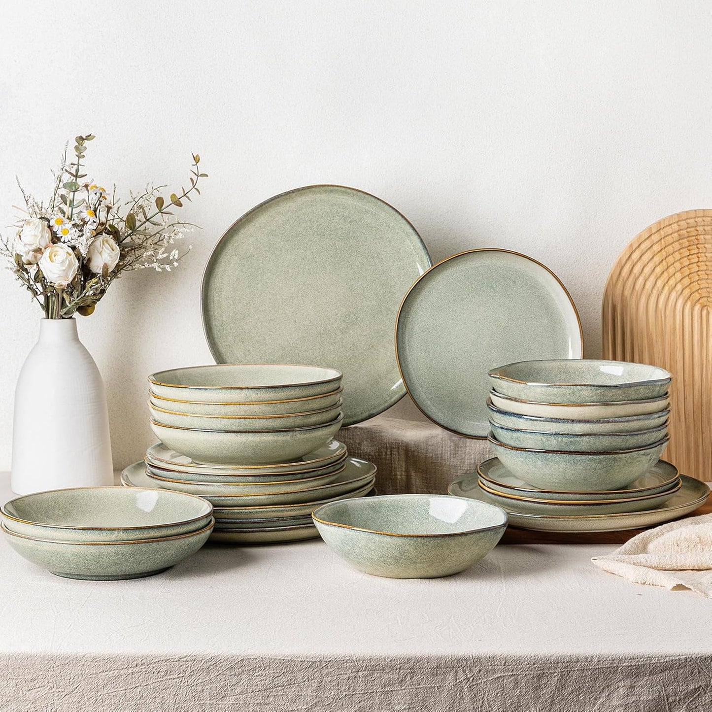 GBhome 6-personers keramisk porcelænssæt 24-dele reaktiv glasur Håndlavet mikroovn og opvaskemaskine Tåler skål og tallerkensæt Desret Sage GDW007GY-24P-EU