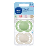 MAM originale sutter, 2-pack, tandvenlige babysutter, lavet af bæredygtige og bioregenererbare materialer, MAM SkinSoft silikone-sutter, med sutteæske, 6-16 måneder, grøn/beige