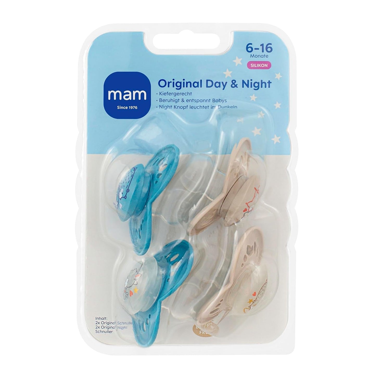 MAM Original Day & Night Matt sutter | 6-16 måneder | Suttesæt | Accept 94% | Hjælper med at forhindre uønsket tandjustering | Udviklet sammen med tandlæger | Silikone SkinSoft | Bjørn/Ræv | Pakke med 4