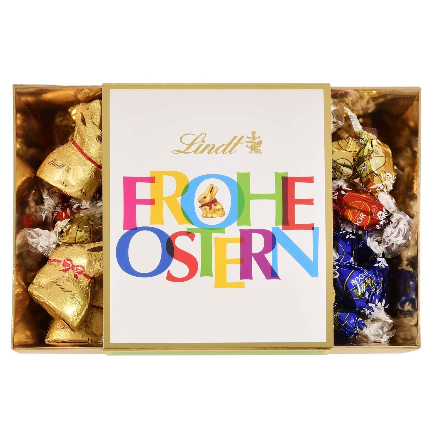 Farverig Lindt Chokolade Påske Rede | 310 g | 8 x Mini gyldne kaniner, 26 x Lindor mælkechokoladeæg, 15 x Lindor hvide chokoladeæg, 10 x Lindor mørk chokoladeæg | Påskechokolade | Gave af chokolade