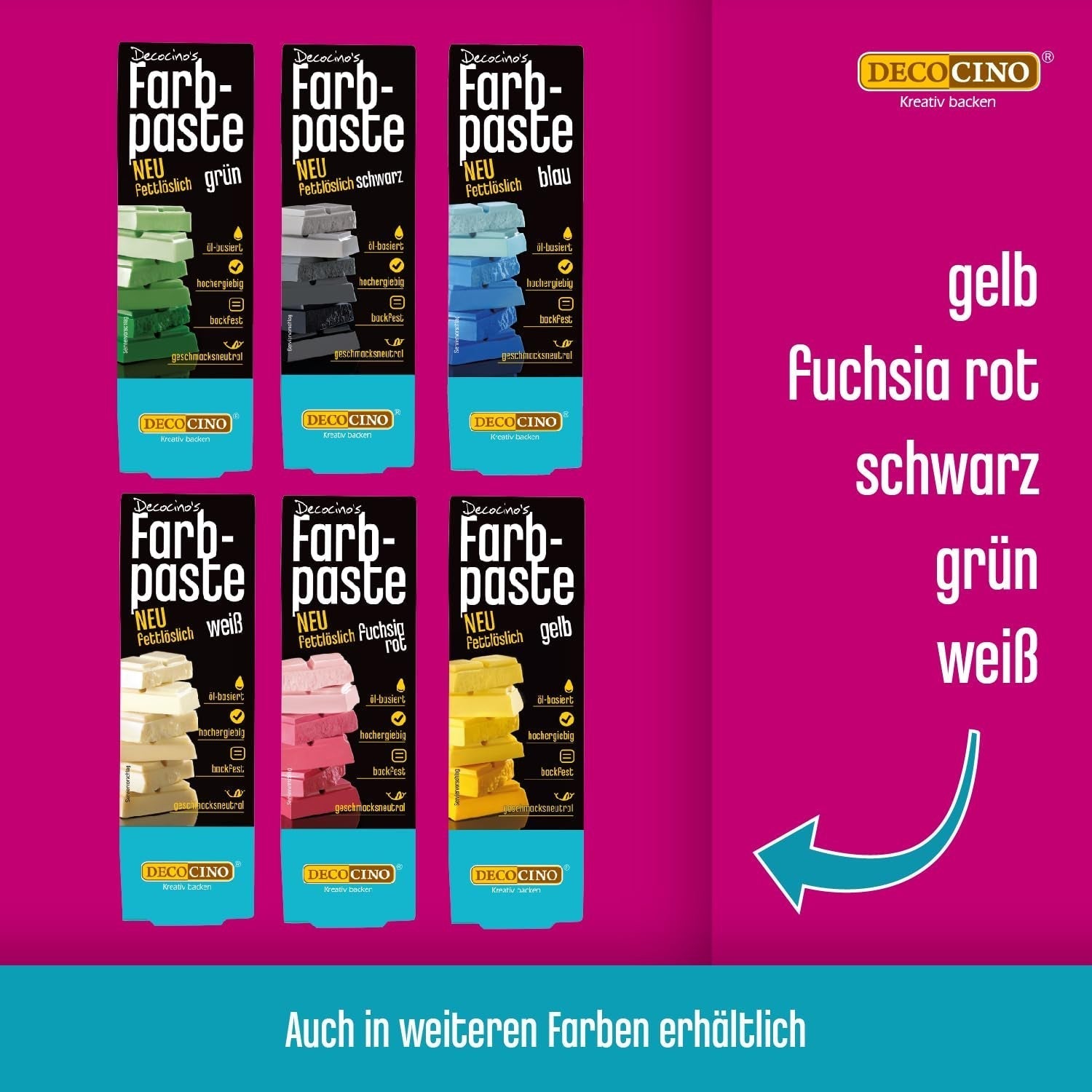 Decocino Fedtopløselig farvepasta Sæt med 6 - 6 x 15 g - Madfarve i rød, hvid, grøn, gul, blå og sort, ideel til farvning af kager, fondant og cremer - Azo- og glutenfri