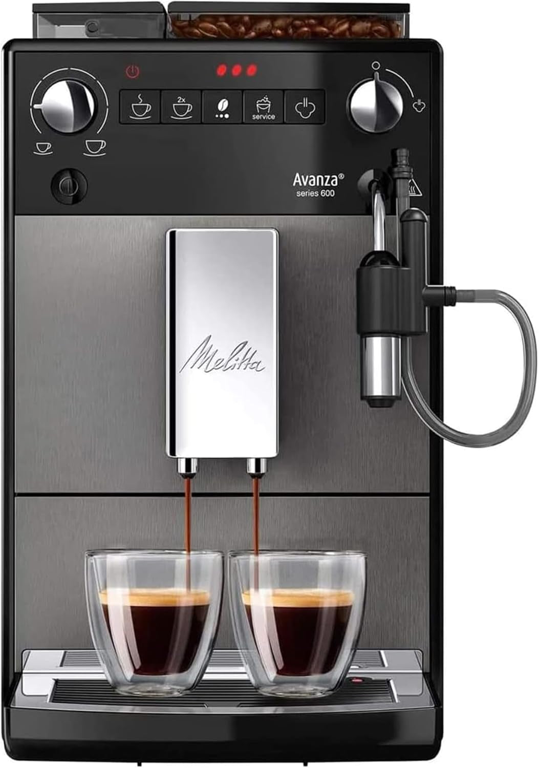 Melitta Avanza - Fuldautomatisk espressomaskine med mælkesystem, espressomaskine med kværn og ekstra stor vandtank (1,5 l) til f.eks. cappuccino eller espresso, mystisk titan