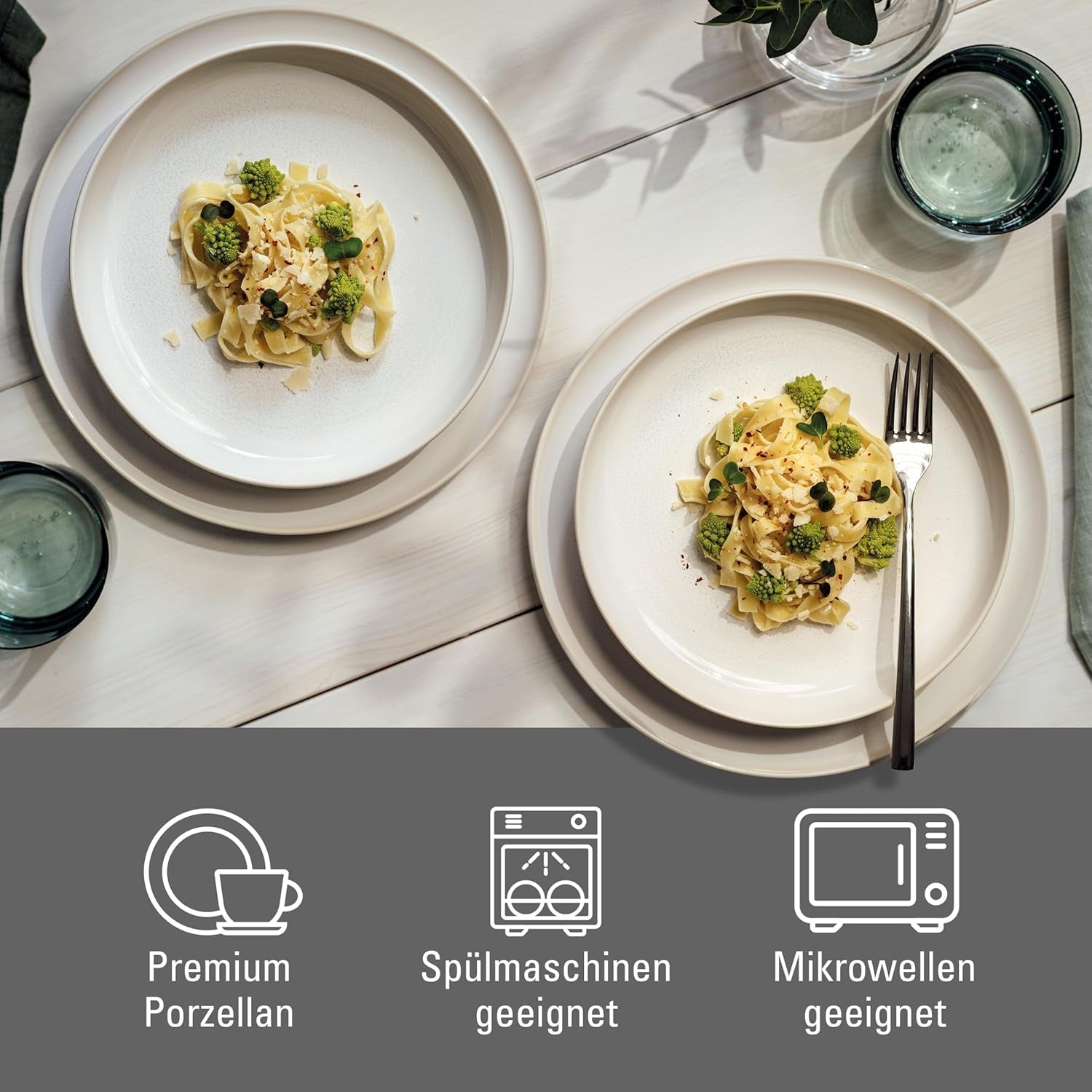 ligesom. af Villeroy & Boch – Madlavningssæt i bomuld 4 teilig Weiß, Spülmaschinenfest, Mikrowellensicher, Geschirrset, Tafelservice Modern, Speiseteller, Tiefe Teller, Pottery-Look, Premium Porzellan