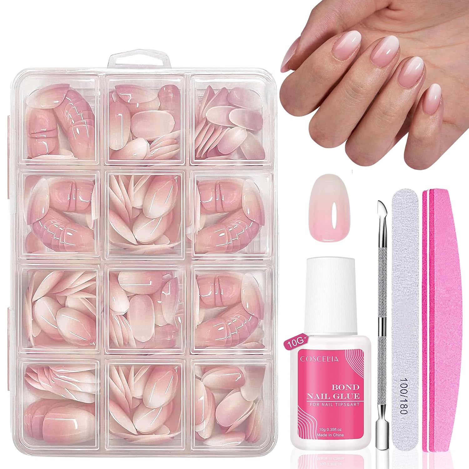 Sæt med falske negle - 240 stykker franske falske negle lim på - Pink White Gradient Design Kunstige negle Fuldt dækkende blød gel Naturlig og behagelig at have på (Pink Mandel)