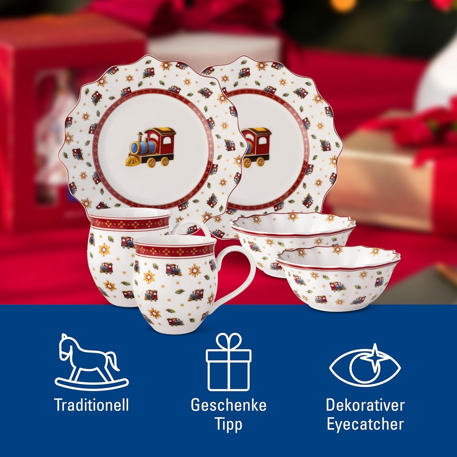 Villeroy & Boch - Toy's Delight morgenmadssæt til 2, lokomotivdesign, 6 stykker, farverigt, jul, porcelænssæt med tallerkener, kopper og skåle til morgenmad, julestel, premium porcelæn