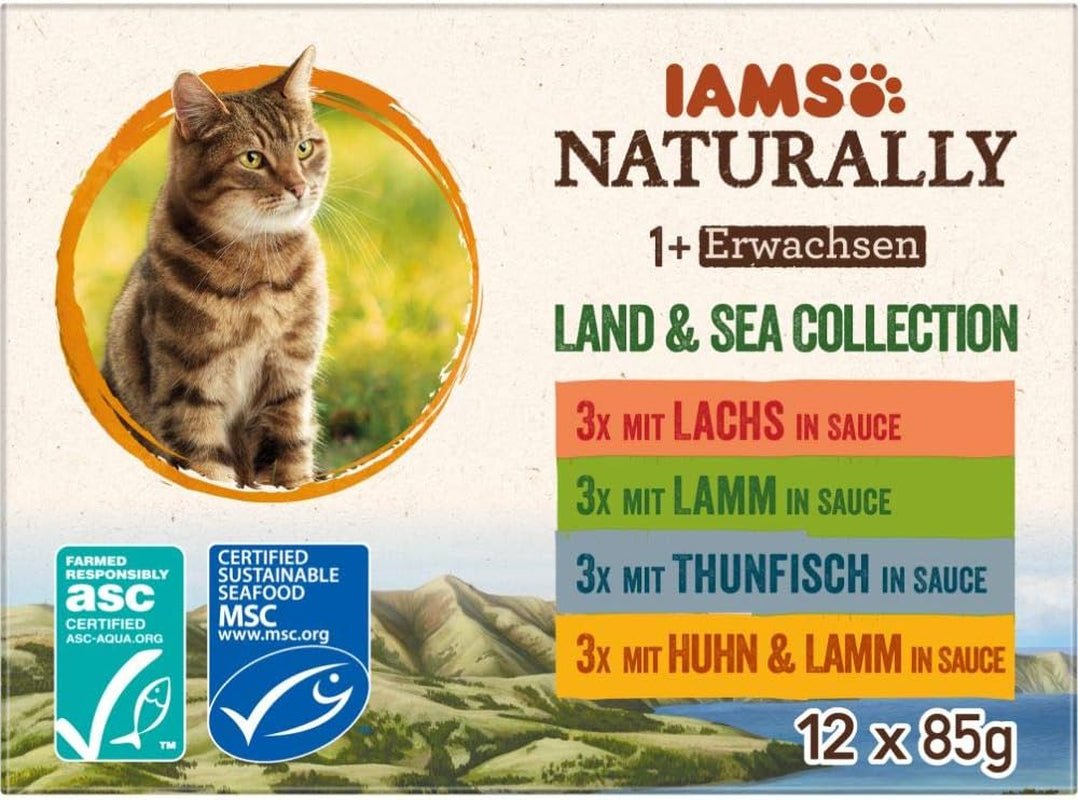 IAMS Natural Wet Cat Food i Sauce - Højkvalitets kød- og fiskevådfoder til voksne katte, Land & Sea Collection, 12 x 85g