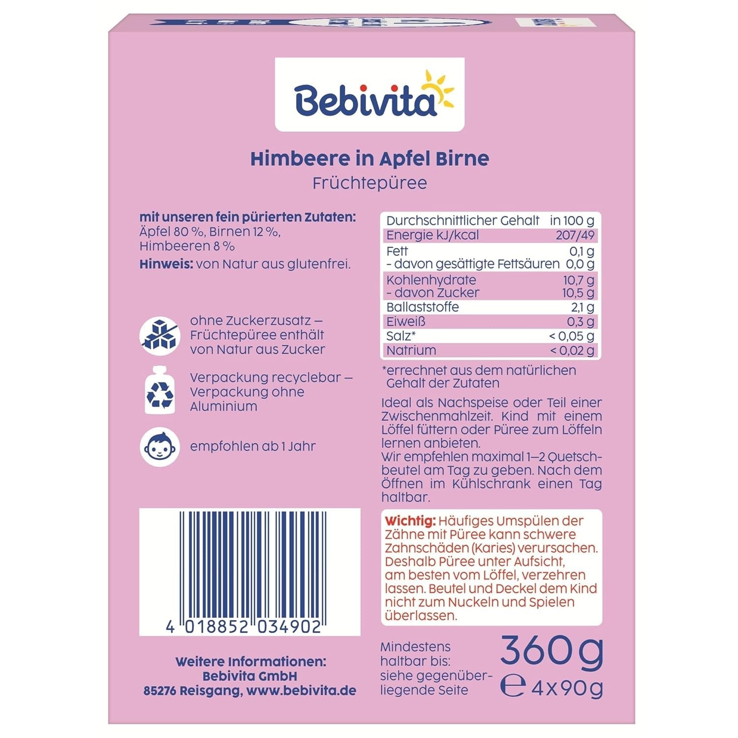 Himbeere i Apfel Birne Quetschie – 16 Stück (4er Pack, je 4 x 90g), ohne Zuckerzusatz, glutenfrei, ideal für unterwegs und selbständiges Snacken