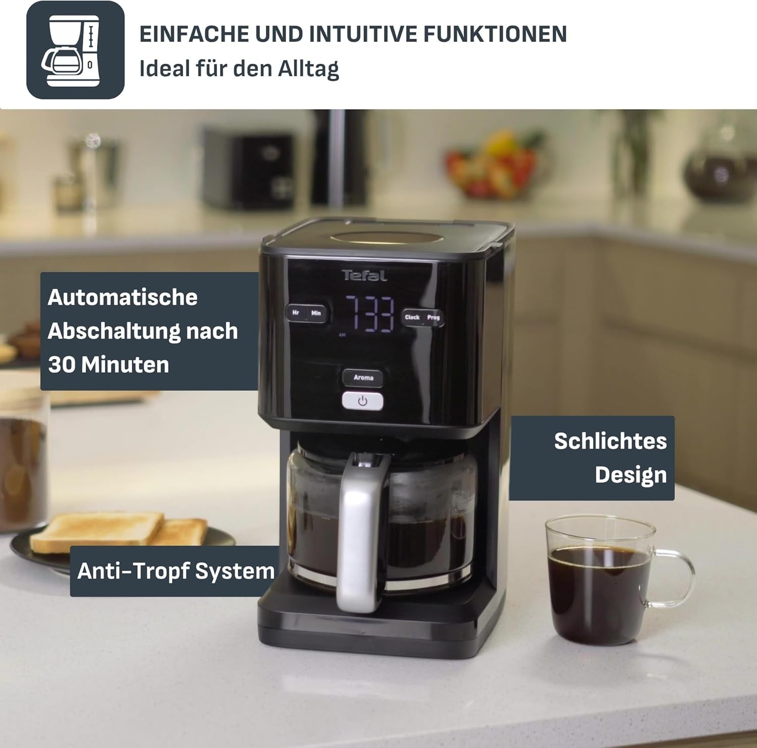 Tefal Smart'n Light Espressomaskine med timer, Espressomaskine med programmerbart filter 1,25 L, Aromafunktion for Intens Aroma, Holde Varm funktion, Anti-dryp og nem at rengøre, Sort
