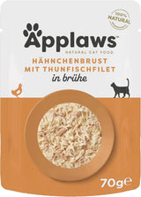 Applaws 100% naturlig Nassfutter for Katzen, Hühnerbrust med Tunfischfilet i Brühe - Pakning med 12 x 70g Beuteln