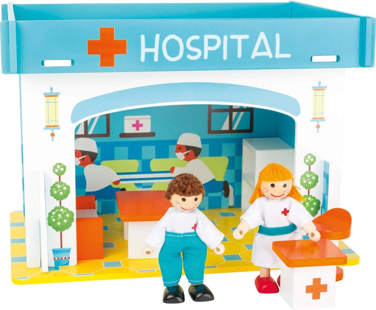 Small Foot 10852 Legehus Restaurant Lavet af træ, Med 2 dukkefigurer, tilbehør og aftageligt tag, Fra 3 år Dukkehuse Naty Shop Hospital