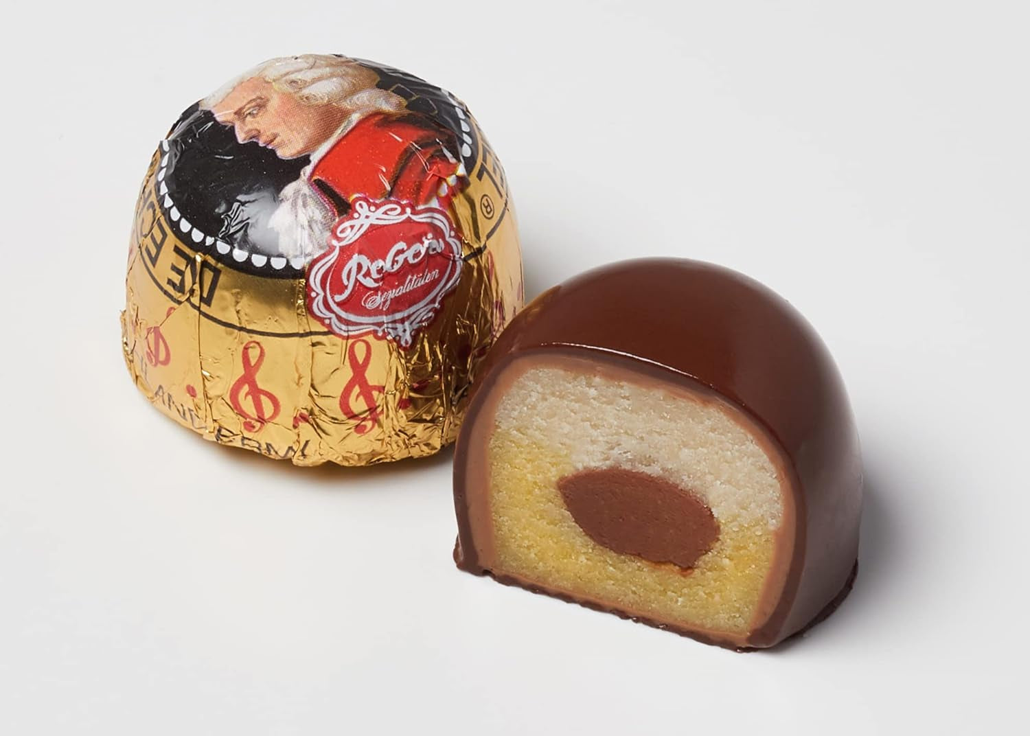 Rebel, Duet Mozart Kugeln, pakke med 2, mørk chokolade Mozartkugler fyldt med pistacie og marcipan, mandler og hasselnøddenougat, 40g (2 Mozartkugler)