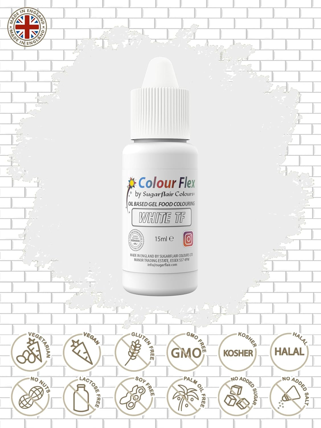 Sugarflair Colourflex hvid oliebaseret fødevarefarve, højkoncentreret flydende fødevarefarve, madfarve til smørcreme, chokolade, dej, fondant, glasur og mere - 15 ml