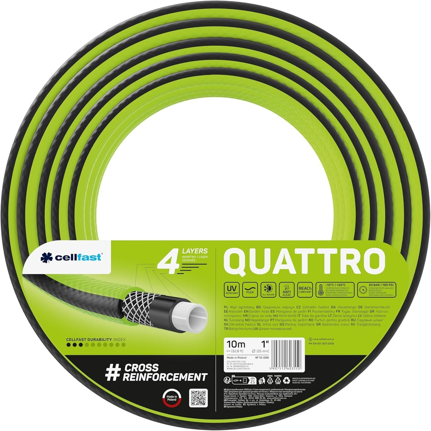 Cellfast QUATTRO Haveslange Holdbar Letvægts 4-lags UV-resistent trådslange Krydsfletning 20 Bar 3/4" 15m 10-074