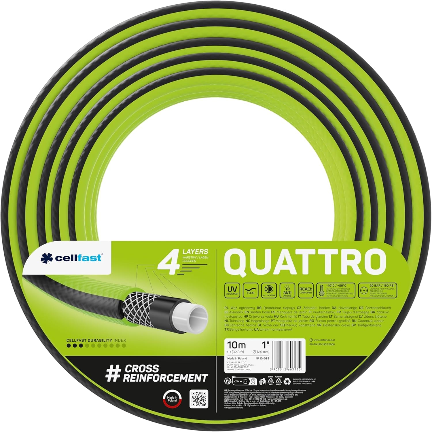 Cellfast QUATTRO Haveslange Holdbar Letvægts 4-lags UV-resistent trådslange Krydsfletning 20 Bar 3/4" 15m 10-074