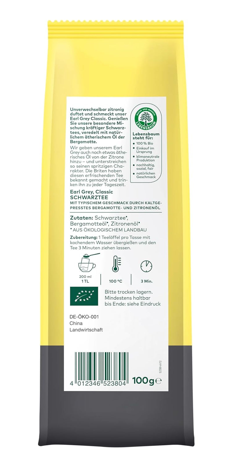 Lebensbaum Earl Grey klassisk sort te med naturlig bergamot og citronolie, harmonisk, aromatisk, 100 % økologisk, løs, 100 g