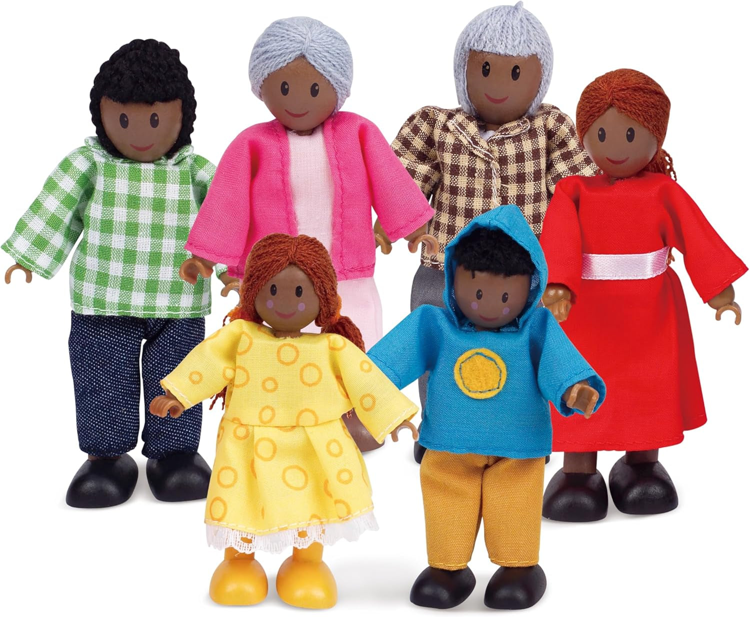 Hape dukkefamilie - 6-delt mørkt læder dukkehustilbehør sæt med figurer af træ og stof, foregive leg, pædagogisk legetøj, interaktivt lærelegetøj til børn fra 3 år og opefter