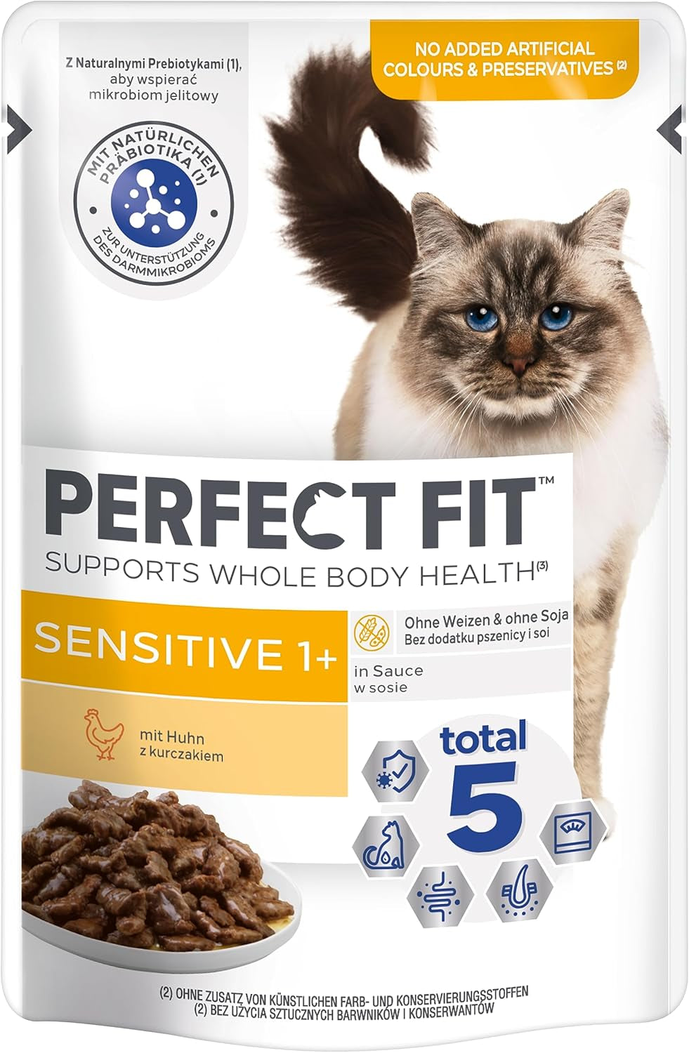 Vådfoder til katte Perfect Fit Sensitive 1+ med kylling i sauce, 12 poser, 12 x 85g - Premium vådfoder til følsomme katte fra 1 år, uden hvede og soja, for at støtte fordøjelsen