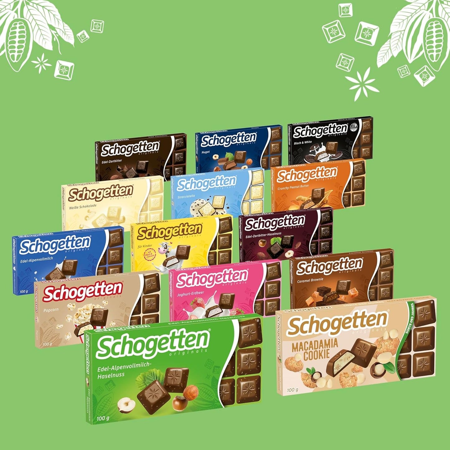 Schogetten Premium Alpine mælkechokolade med hasselnødder, 100 g chokoladebar, individuelt portioneret. En fryd. Stykke for stykke.