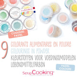 Scrapcooking - Sæt med 9 pastelfarver - blå, gul, koral, pink, turkis, limegrøn, hvid, aquagrøn, pulverrosa - spiseligt farvepulver til kager, muffins, macarons - 4272