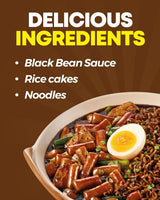 NONGSHIM Rapokki (Jjajang, 400 ml) – autentisk koreansk streetfood, ramen og riskager, sorte bønner; hurtig og nem at tilberede, klar på 4 minutter