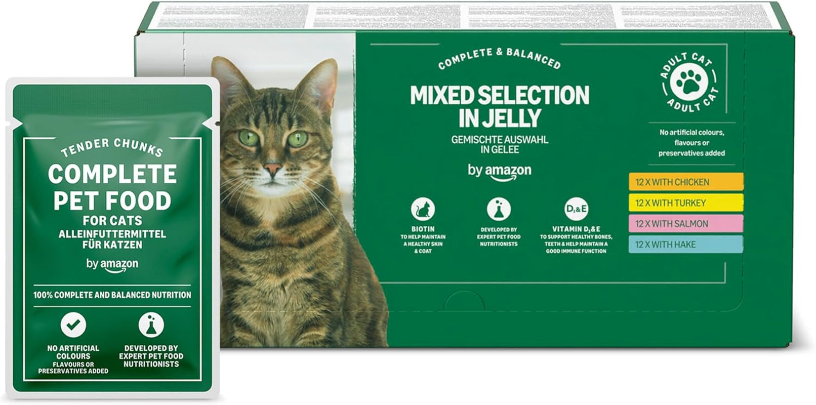 Amazon kornfri våd kattefoder til voksne katte Blandet udvalg i gelé 4,8 kg (48 pakker á 100 g hver)