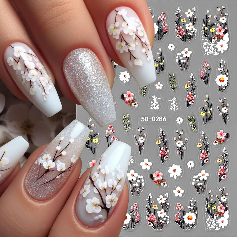 Plum Flower Nail Stickers, White Pink Flower Nail Stickers, Prægede Flower Nail Stickers, Spring Summer Flower Nail Stickers, Negle Designs, Negle Accessories, Nail Art