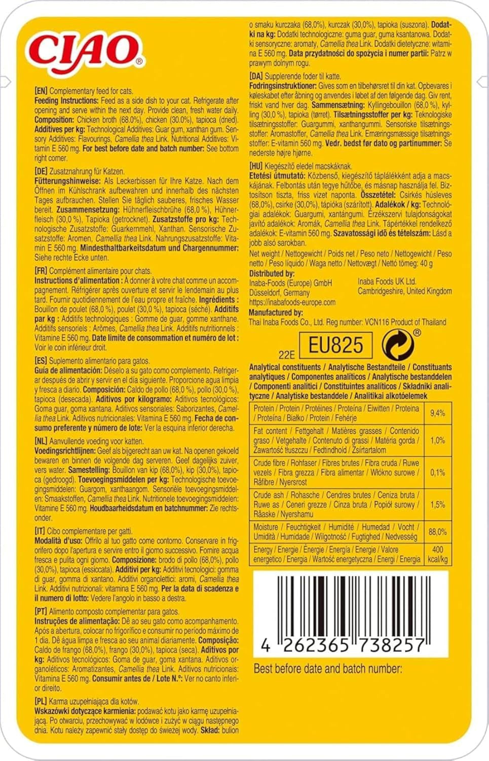 INABA Ciao Bouillon Vådfoder til katte 88% fugt og E-vitamin, premium suppe til katte med kylling 40g (pakke med 12), 100% naturligt kød, kornfri, sukkerfri