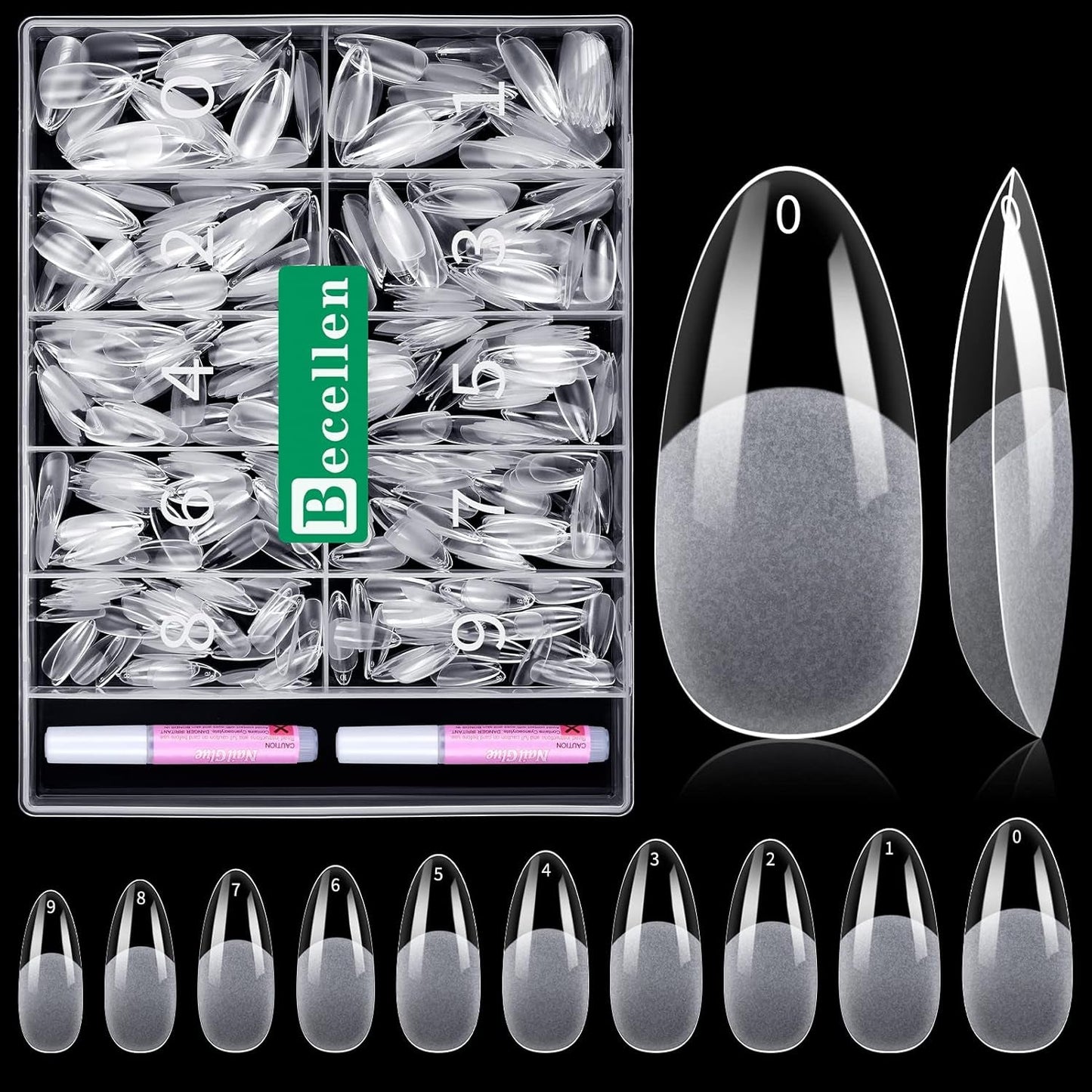 Becellen 500 stk. kunstige neglespidser, bløde gel-neglespidser, fuld dækning, gelneglespidser, forpolerede kunstige negle, DIY neglekunstlimsæt (mandler)