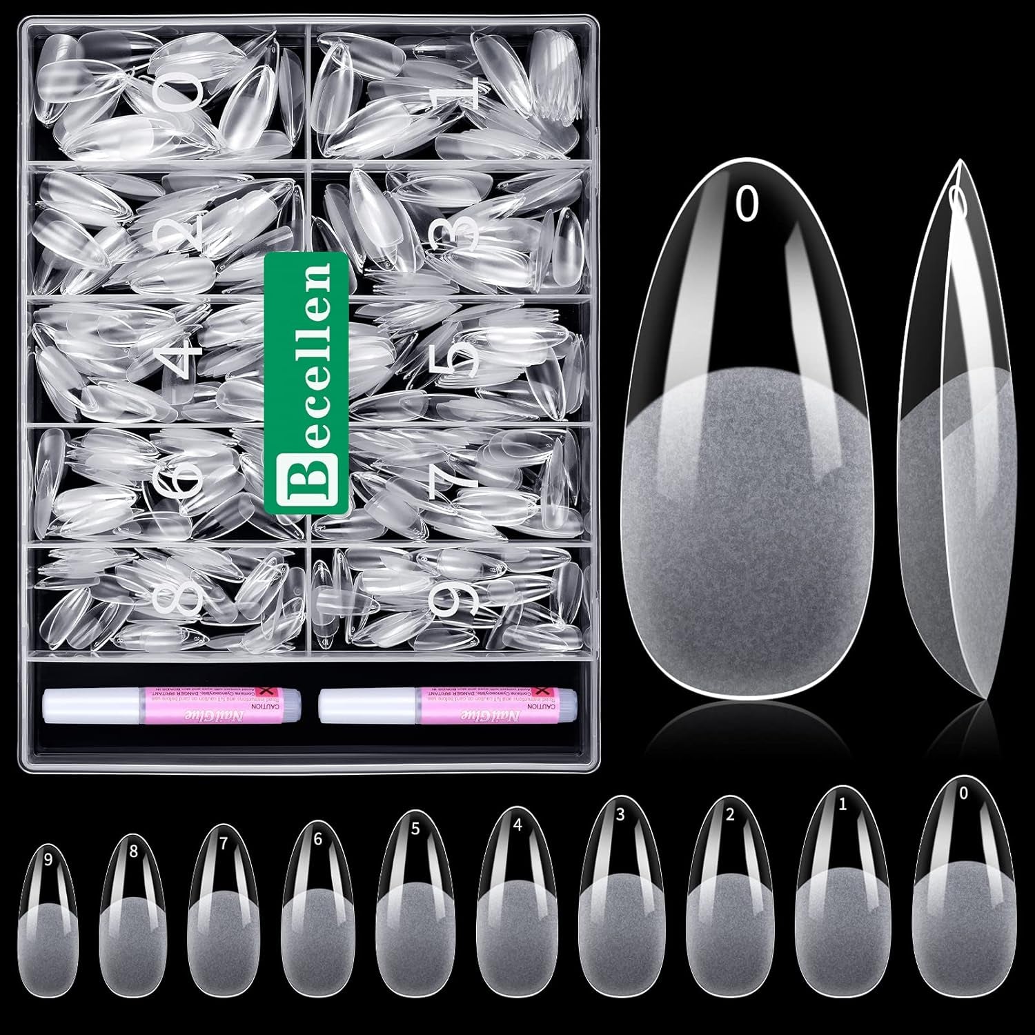 Becellen 500 stk. kunstige neglespidser, bløde gel-neglespidser, fuld dækning, gelneglespidser, forpolerede kunstige negle, DIY neglekunstlimsæt (mandler)