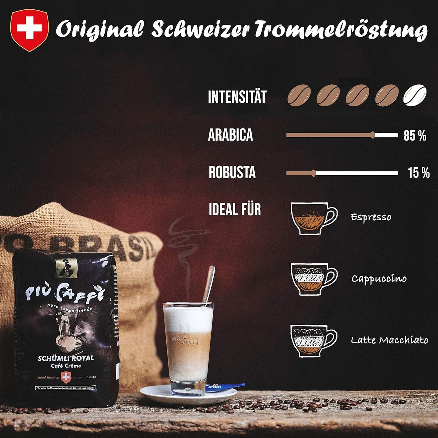 Café Crème Kaffeebohnen, würzig, kräftig, intensiv og gehaltvoll, Arabica og Robusta, Schweizer Trommelröstung, ganze Bohnen für Volllautomaten Schümli Royal 1 kg