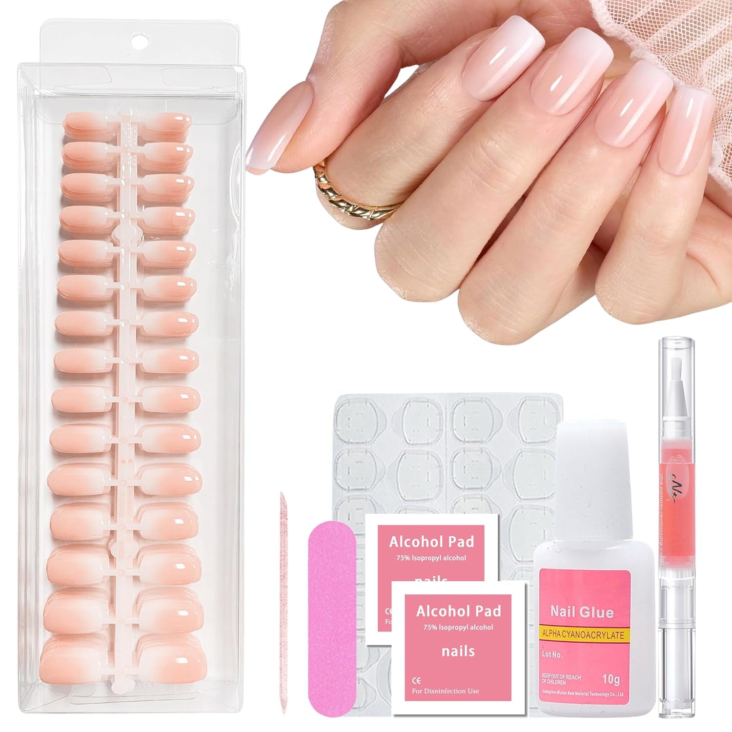 240 stk. Gradient Square Nails Set, Nude White Gradient Kunstige negle til Oil Pen Lim, Medium Ombre naturlige falske negle til kvinder DIY (Nude Square)