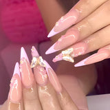 Moonglow Lange Negle Stiletto Mælkehvid Pink Gradient Glitter Cool falske negle med lim Pink Ombre Glitter Kunstige negle