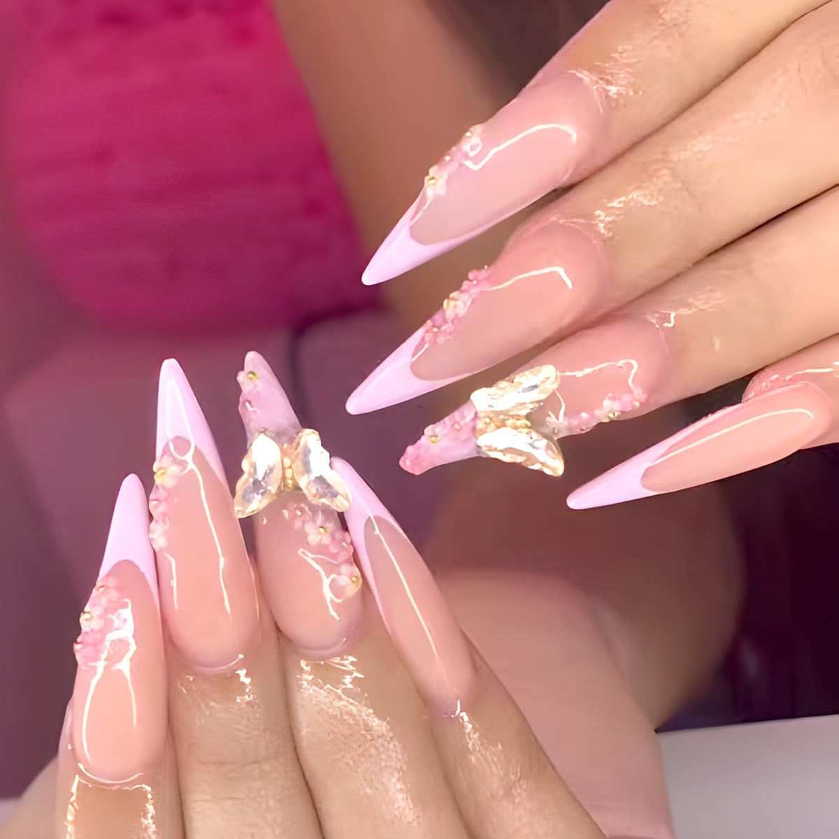 Moonglow Lange Negle Stiletto Mælkehvid Pink Gradient Glitter Cool falske negle med lim Pink Ombre Glitter Kunstige negle