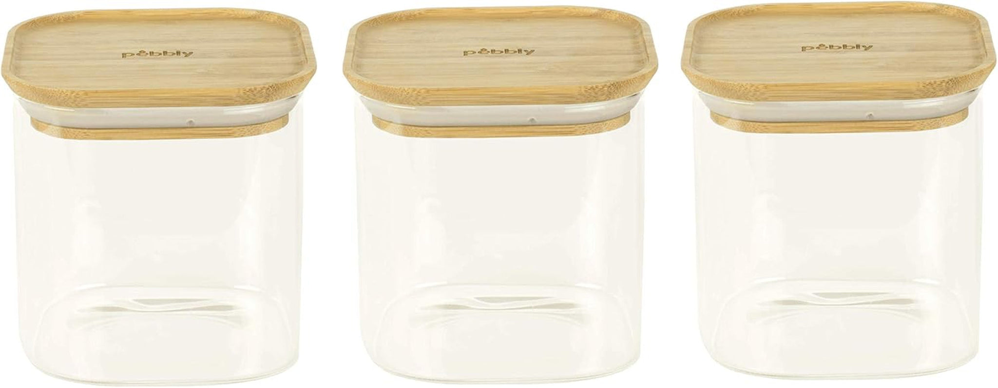 Sæt med 3 firkantede glasbeholdere med bambuslåg-800ml, borosilikatglas, bambus, silikone, natur, 11 x 11 x 11 cm Naty Shop madopbevaringsbokse 11 X 11 X 11 cm