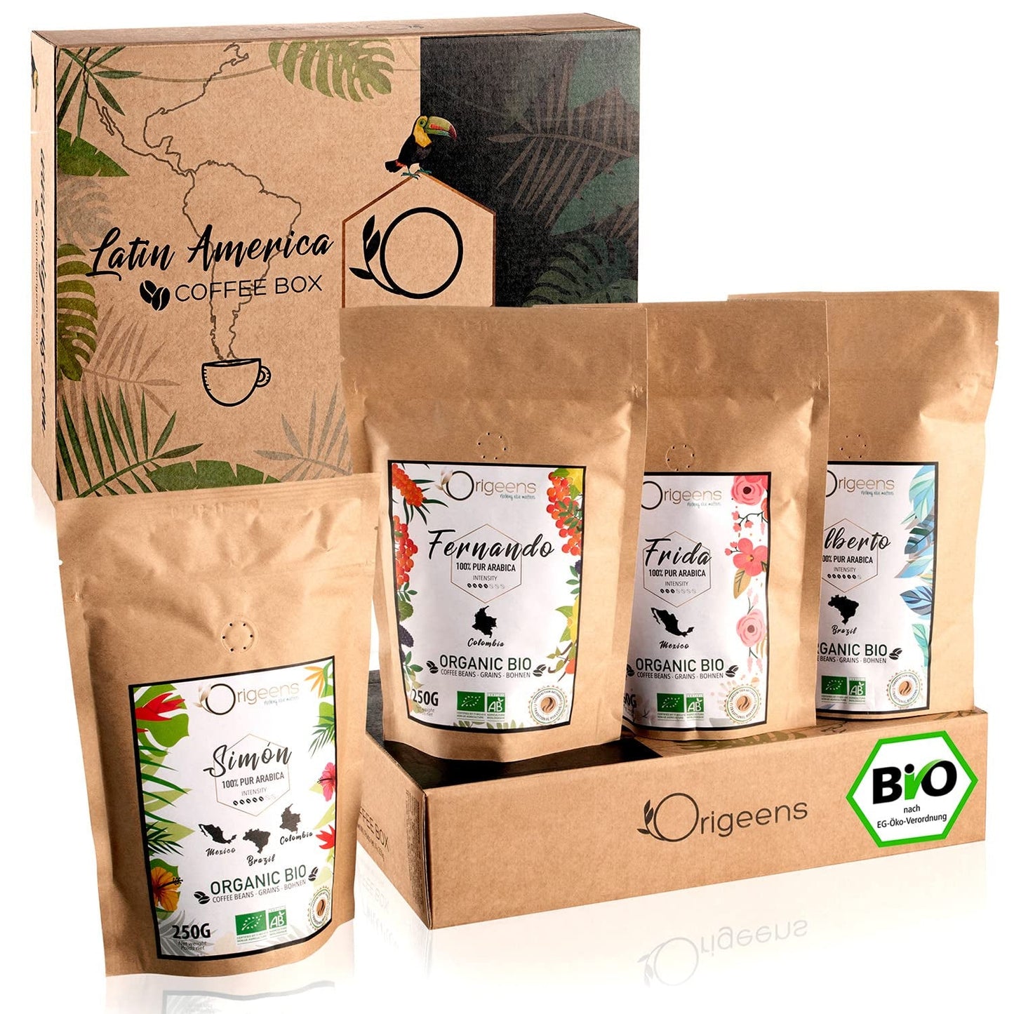 ORIGEENS Bio Kaffeebohnen Probierset 1kg | Premium Bio Arabica Kaffee Ganze Bohnen Sæt 4x250g | Traditionel Röstung | Kaffe Geschenkset