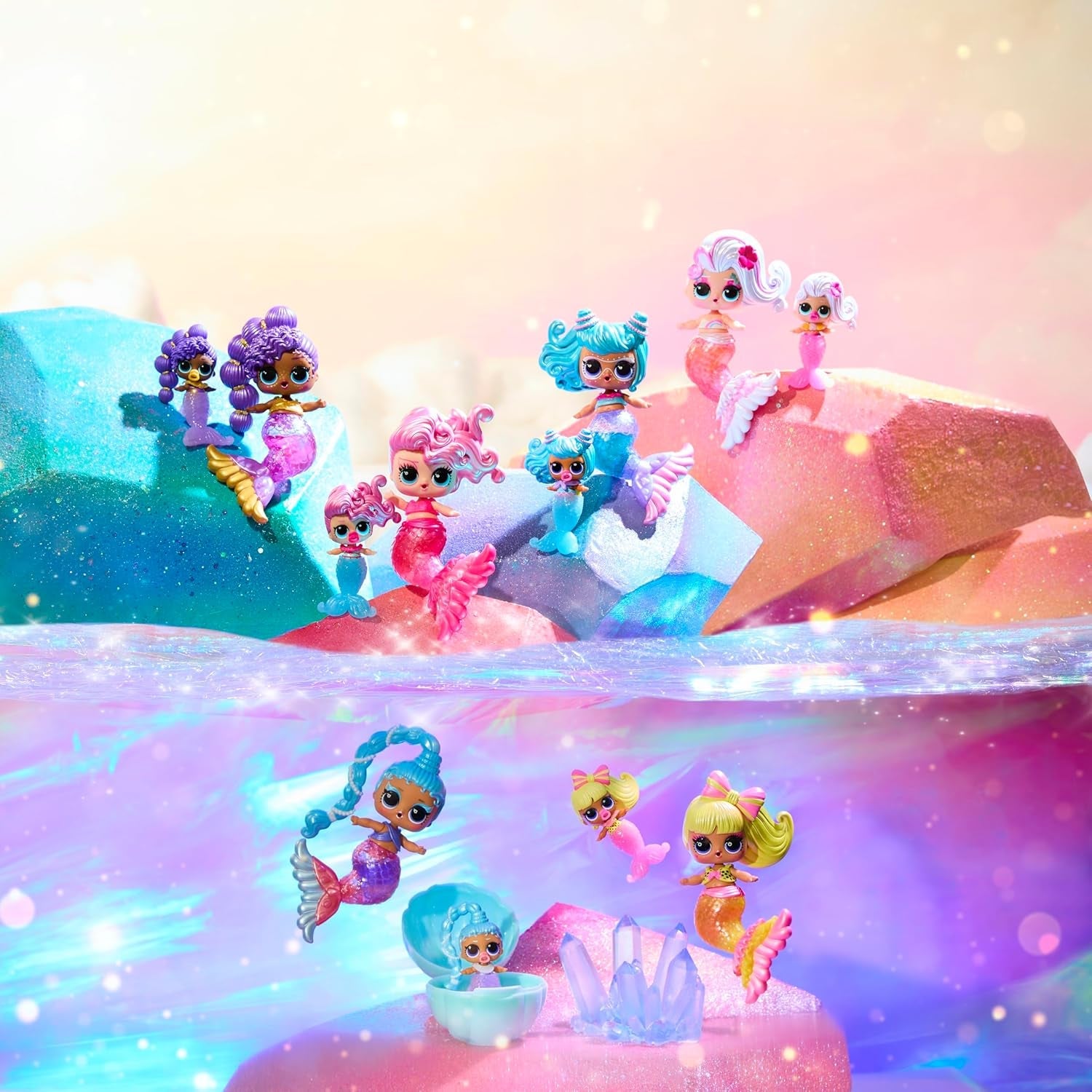 LOL overraskelse! Mermaid Makeover Magic Baby Sisters - Farveskiftende havfruehale med muslingebold til visning, 6 samledukker - 4+
