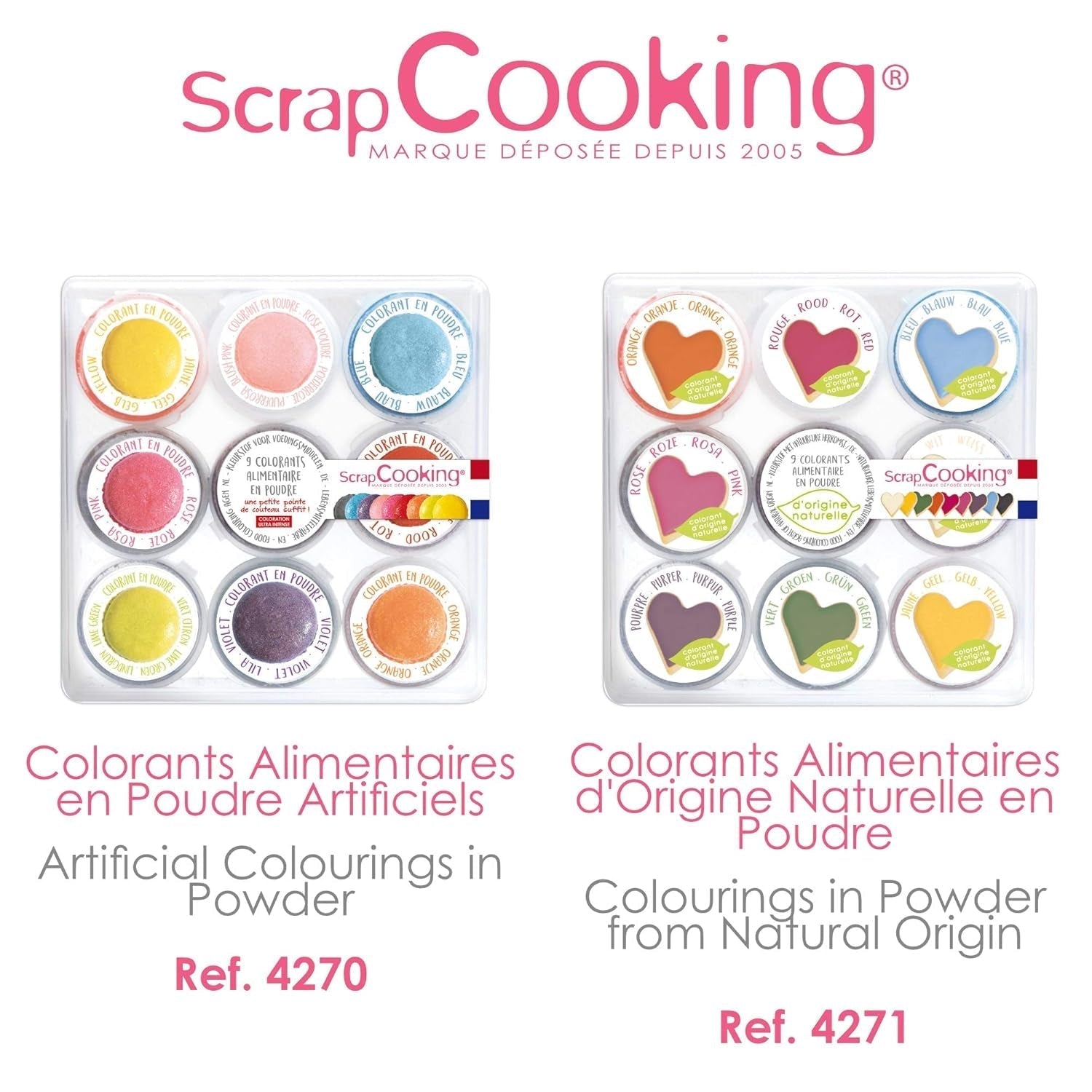 Scrapcooking - Sæt med 9 pulveriserede madfarver - Blå, Gul, Pink, Lilla, Orange, Limegrøn, Rød, Pulverpink, Sort - Spiseligt farvepulver til kager, muffins, macarons - 4270