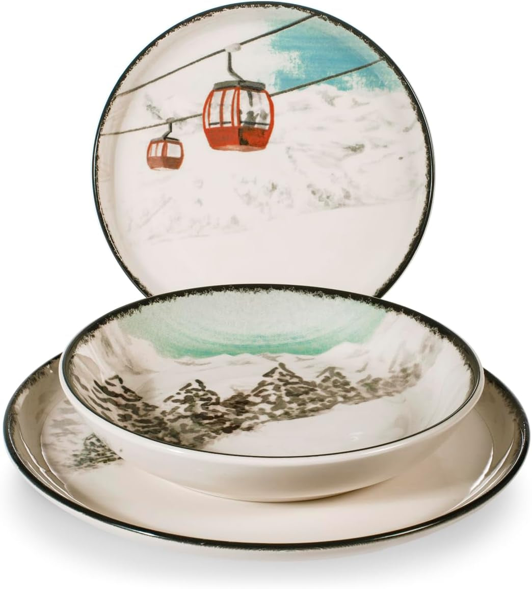 Winter Escape 12-delt julestel i stentøj - Nordic Winter Skier Design - Tåler opvaskemaskine og mikroovn