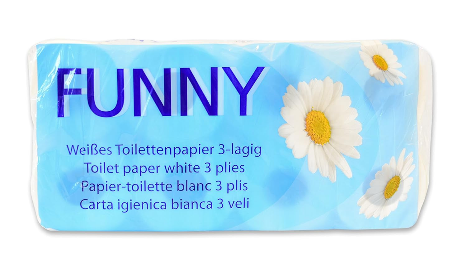 Sjovt toiletpapir AG-014, 3-lags, 250 ark, 9,5 cm x 11 cm, hvid, enkelt pakke med 8 ruller