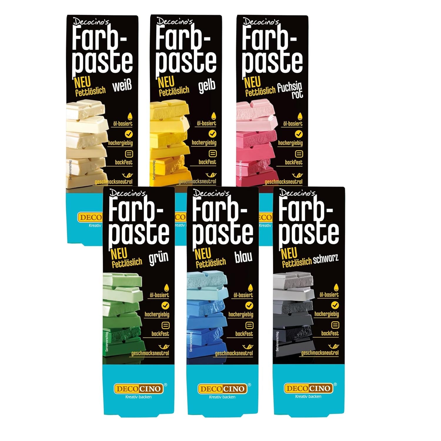 Decocino Fedtopløselig farvepasta Sæt med 6 - 6 x 15 g - Madfarve i rød, hvid, grøn, gul, blå og sort, ideel til farvning af kager, fondant og cremer - Azo- og glutenfri