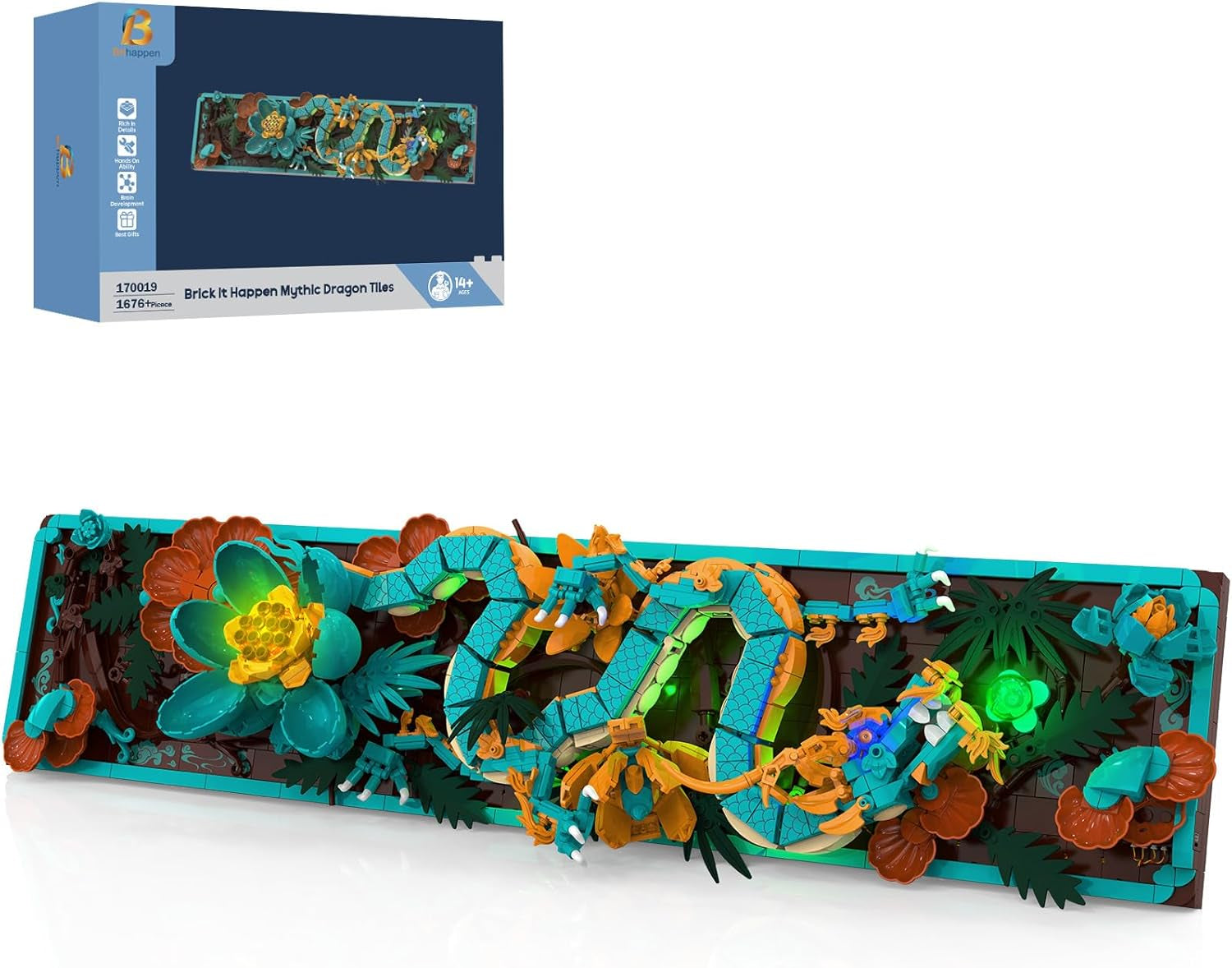 Mytisk drageflisebyggesæt til voksne, 3D Divine Loong Art byggelegetøj med LED-lys og blomster, DIY Dragon Relief Model Kit, kreative gaver og dekorationer (1676 stykker)