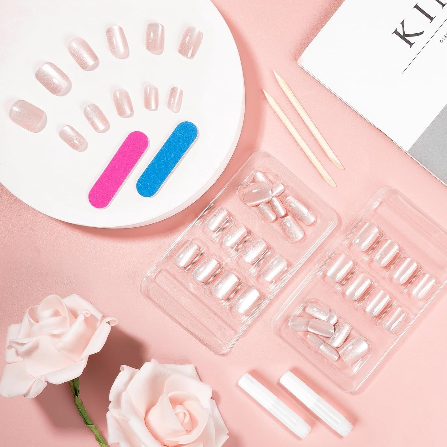 Kiiwah 48 stk. korte firkantede negle Pink kunstige negle lim på korte neglespidser falske neglespidser