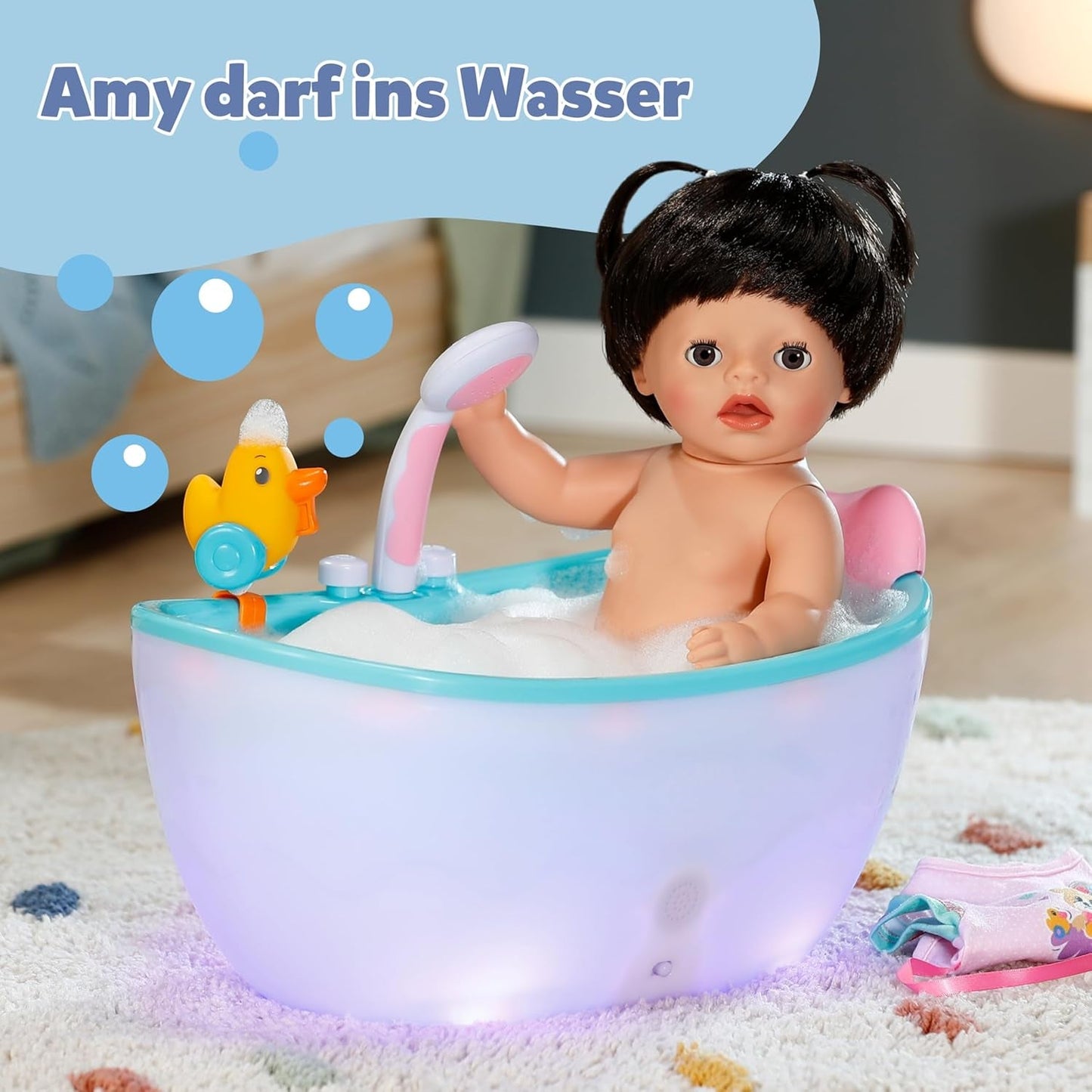 BABY Born Amy - 36 cm dukke - Babydukke med 7 funktioner til småbørn fra 1 år - Virker uden batterier - Inkluderer tilbehør og madras