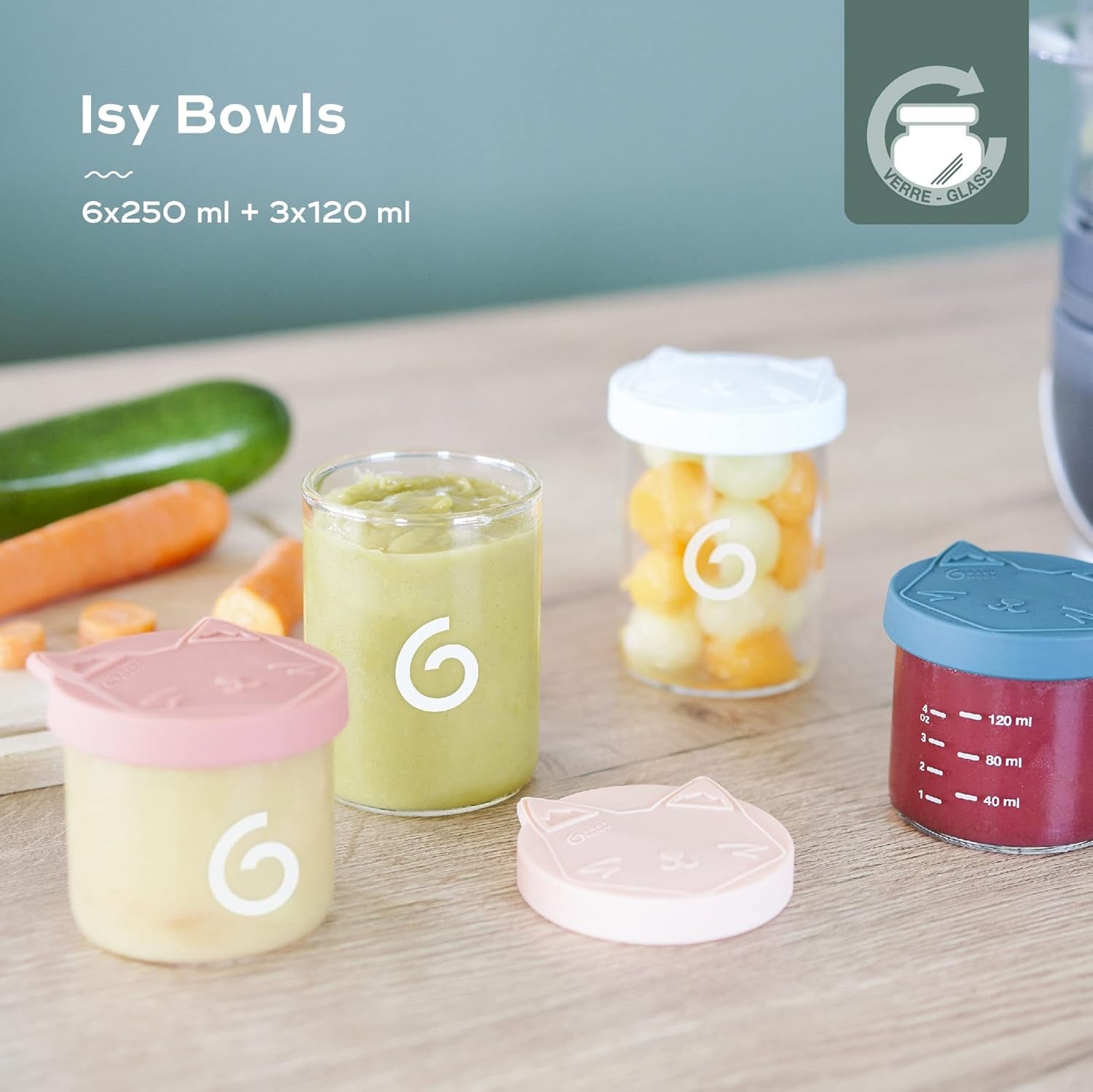Babymoov ISY BOWLS babymadsbeholdere lavet af robust, temperaturbestandigt glas - til opbevaring/frysning af babymad, 6x 250ml + 3x 120ml Madopbevaringsbokse Naty Shop