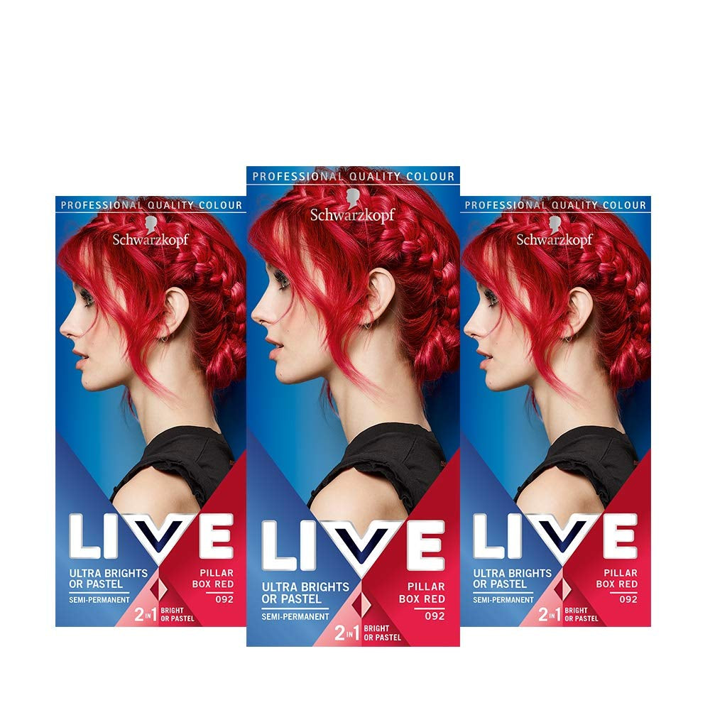 Live Ultra Bright eller Pastel rødt hårfarve 3-pak semi-permanent farve Holder op til 15 vaske - 092 Pillar Box Red Naty Shop Pillar Box rødt hårfarve 3-pak (pakke med 1)