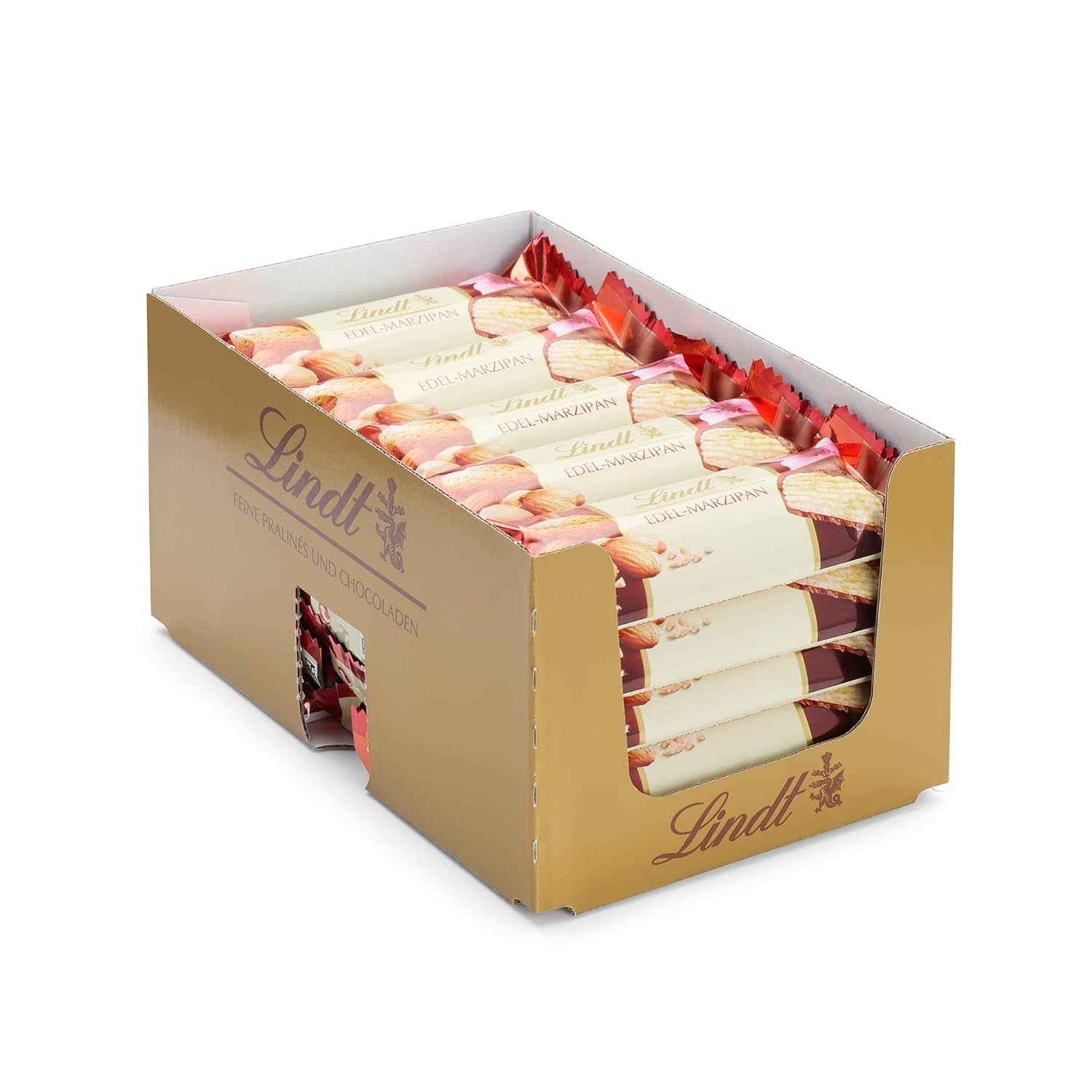 Lindor Chokolade Toppræsentation | 1718 g og chokoladebarer med marcipan | 25 barer x 50g i et tællerdisplay | 1250 g | Ren marcipan overtrukket med mørk chokolade | Chokoladebarer