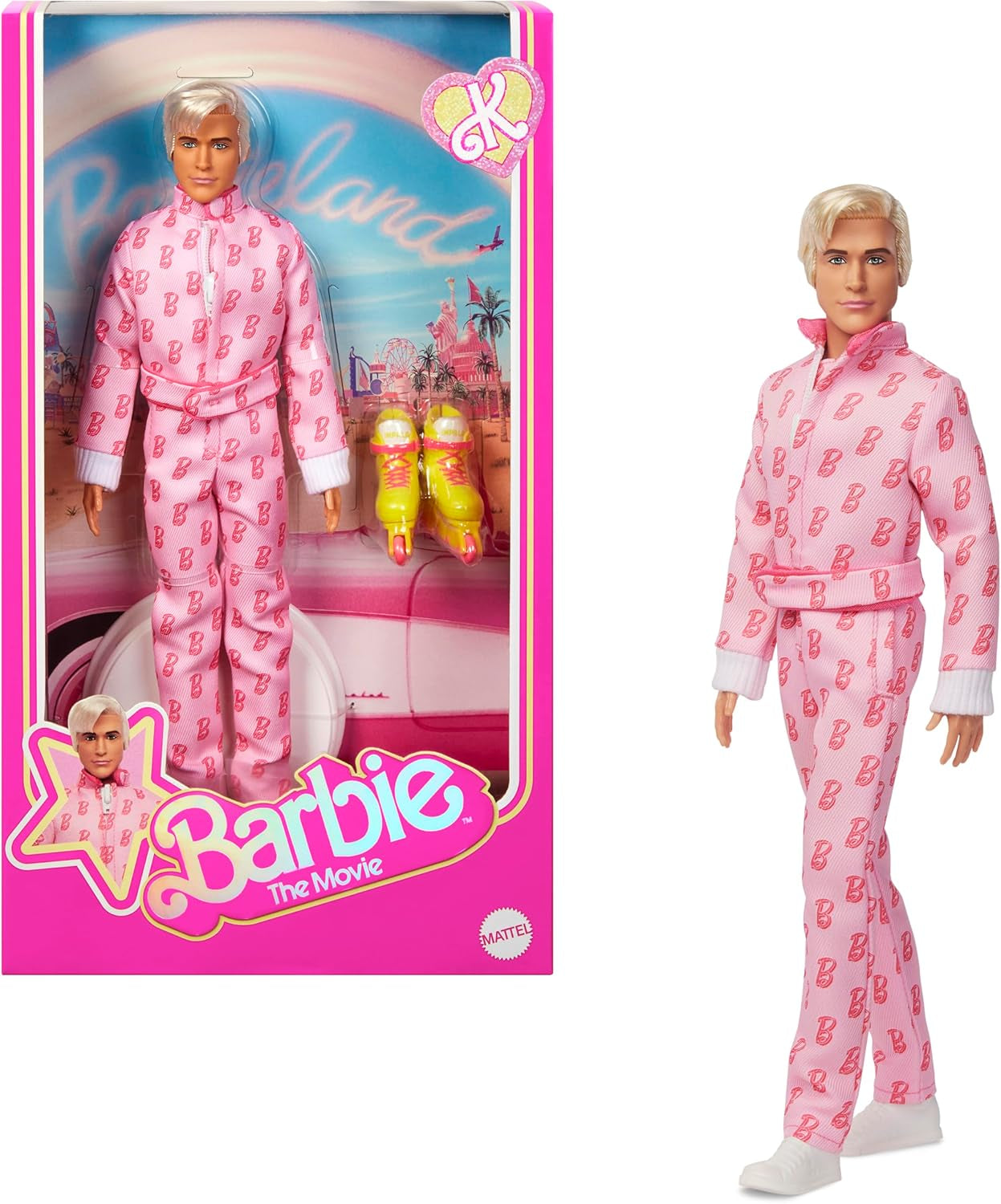 Barbie The Movie - Ken-Sammelpuppe, Ryan Gosling som Ken i rosafarbenem Overall mit "B"-Aufdruck, hvid sneakern og bunten Inlineskates, JCP80
