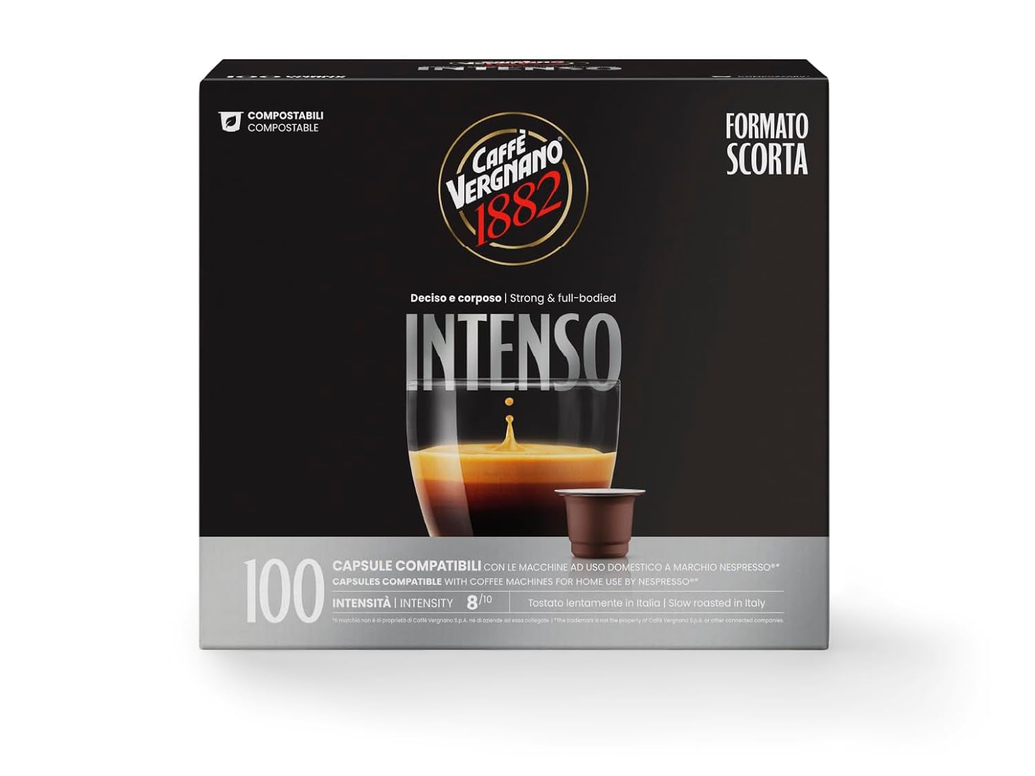Caffè Vergnano 1882 - Èspresso Kompostierbare Kaffeekapseln , kompatibel med Nespresso, Intenso (Intenso) - Packung Enthälts 100 Kapseln