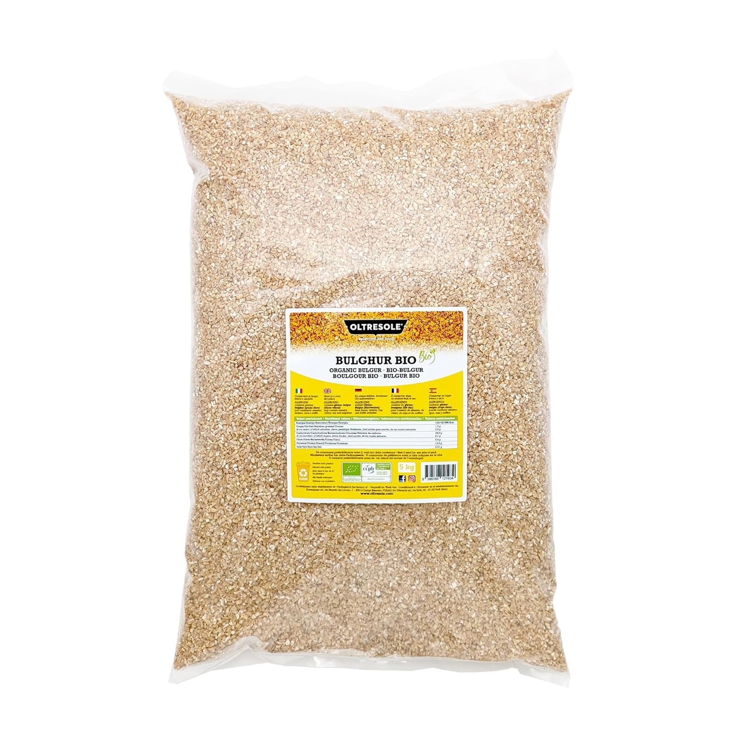 Økologisk italiensk Bulgur 5 kg, fuld hvede, hård hvede, revet hvede, ideel til fremstilling af tabbouleh og orientalske retter, praktisk format